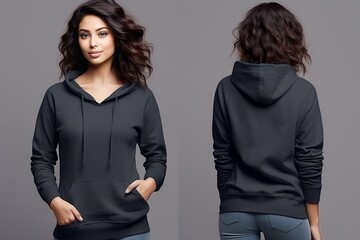 Young woman wearing long sleeve hoodie sweatshirt Side view, back and front view mockup template for print t-shirt design mockup - obrazy, fototapety, plakaty