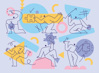 Line silhouette human characters are making various movements. Simple geometric background.