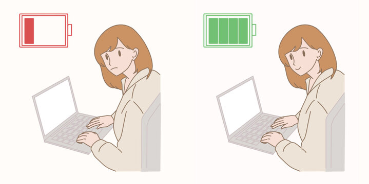Energetic and Exhausted businesswoman with full and low level of energy battery working on computer in workplace. Hand drawn flat cartoon character vector illustration.