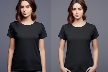 Young woman wearing black casual t-shirt. Side view, back and front view mockup template for print t-shirt design mockup - obrazy, fototapety, plakaty