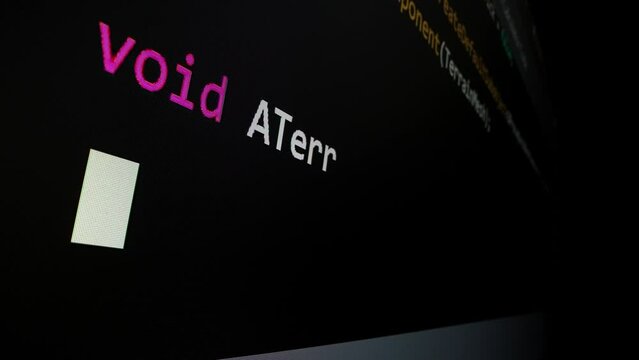 Closeup macro shot movement of coding script moving across LED screen with real-time AI-generated typing, showcasing advanced AI learning in optimization, debug and coding for software development.