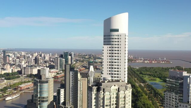 Aerial panoramic view of the tallest skyscraper in Puerto Madero, Buenos Aires.