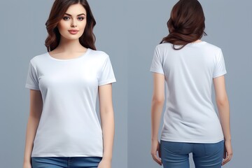 Young woman wearing white casual t-shirt. Side view, back and front view mockup template for print t-shirt design mockup - obrazy, fototapety, plakaty