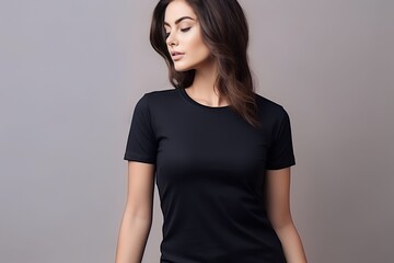 Obraz premium Young woman wearing black casual t-shirt. Side view, back and front view mockup template for print t-shirt design mockup