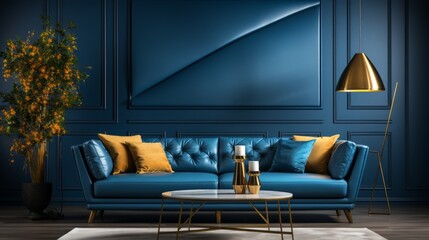 Design of a modern living room with a dark blue sofa and a blue wall texture background | Design of a modern living room with a dark blue sofa and a blue wall texture background