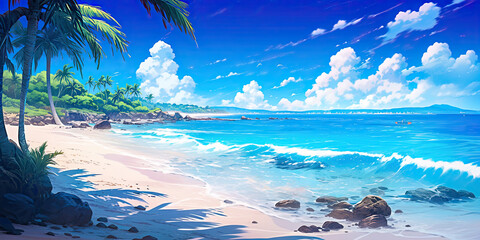 Fototapeta na wymiar beach paradise tropical sands and sea background banner anime cartoon style, generated ai