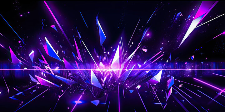 Purple laser beams bursting through black background, generated ai