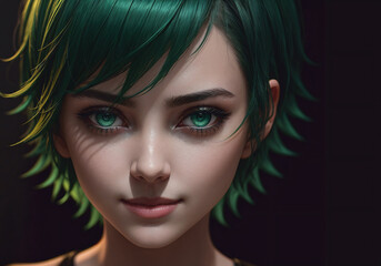 Portrait of a beautiful young woman with green hair and green eyes