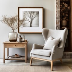 Neutral-toned room. Wingback armchair. Wooden side table. Framed tree art. Decorative vases. Brick accent details. Cozy, minimalist style.