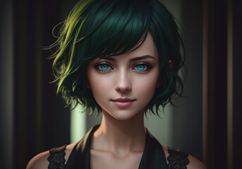 Fototapeta premium Portrait of a beautiful young woman with green hair and green eyes