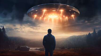 Back view of man looking at alien invasion, UFO flying in the sky, concept of evidence and sighting