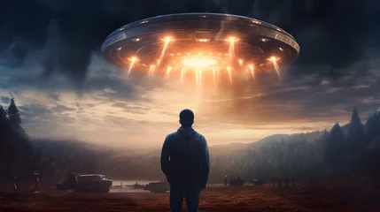 Tuinposter UFO Back view of man looking at alien invasion, UFO flying in the sky, concept of evidence and sighting