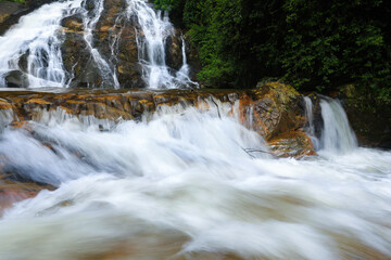 Water flowing down a cascade waterfall with motion blur