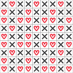 Love heart repeat pattern design vector background, red heart shape and black cross