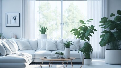 Minimalist home interior design of Asian style modern living room. Corner sofa with terra cotta pillows against grid window - obrazy, fototapety, plakaty
