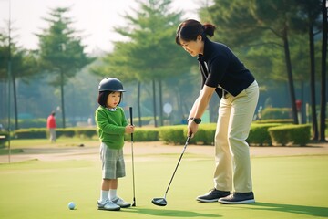 Asian Chinese child practicing golf at Driving Range guided by instructor