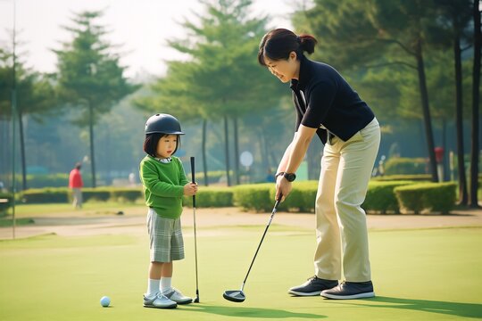 Asian Chinese child practicing golf at Driving Range guided by instructor