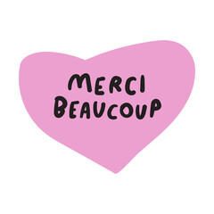 Pink heart. Merci beaucoup. French language. Thank you very much. Vector graphic design on white background.