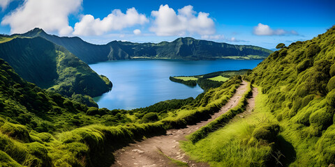 Naklejka na ściany i meble Scenic Path to Sete Cidades Lakes, Azores, Portugal,,,,,, Nature Walk to Azores' Stunning Lakeside Vista
