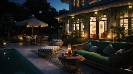 evening an outside patio with green furniture and a pool - Powered by Adobe