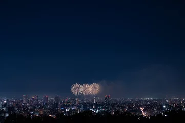 Muurstickers 旭山記念公園から望む打ち上げ花火と札幌の夜景 © 美穂 江利山