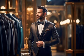 Businessman trying on suit in famous elegant dress shop - obrazy, fototapety, plakaty