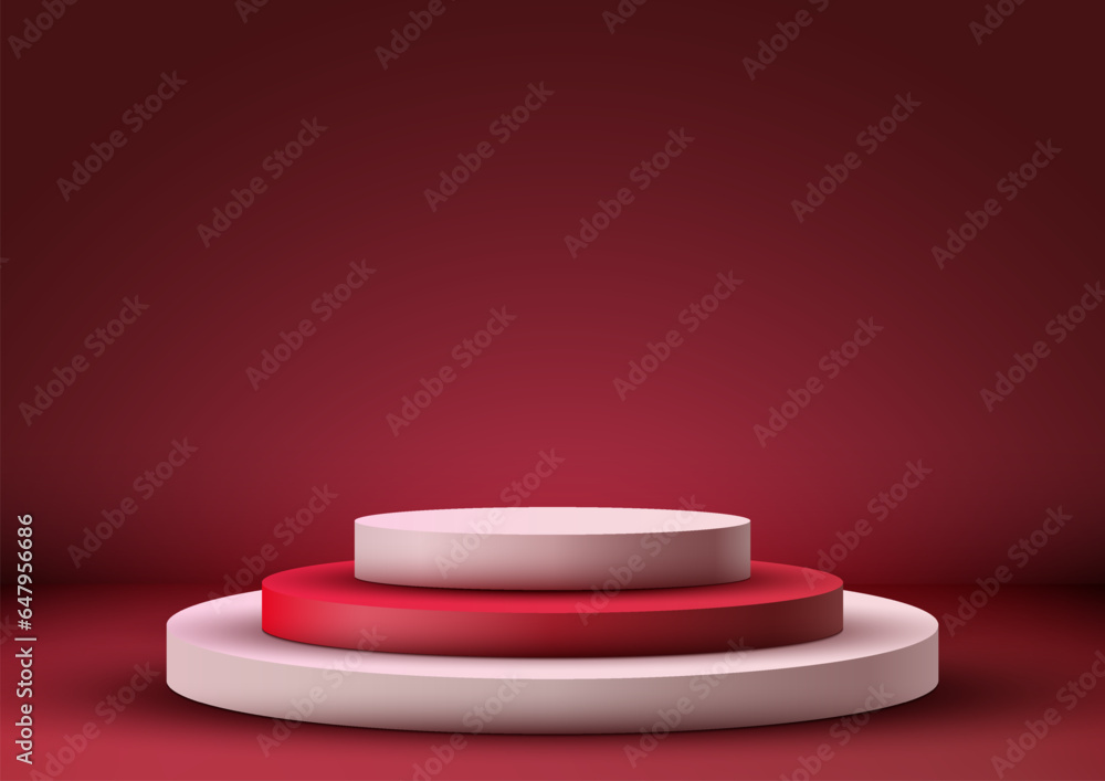 Aufkleber 3d realistic empty red and white podium steps stand minimal wall scene on red background