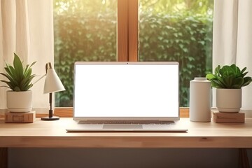 Fototapeta premium Workspace with blank screen laptop for mockup