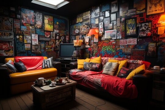 Bedroom decked out in 80's posters, from iconic bands to movie stars, Generative AI
