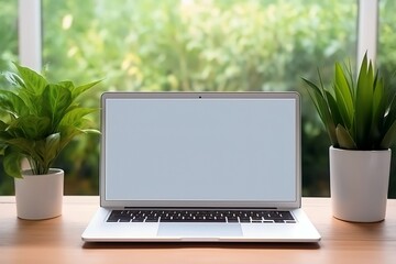 Fototapeta premium Workspace with blank screen laptop for mockup