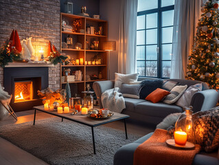 Cozy living room with a fireplace, sofa, candles and Christmas tree, decorated for the New Year