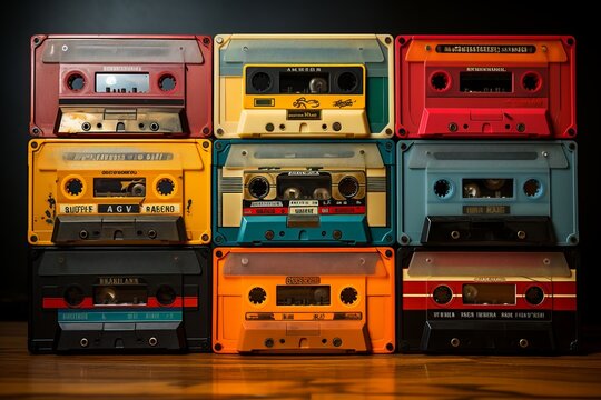 Cassette tape collection featuring iconic 80's music albums, Generative AI