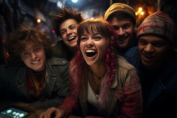 Group of friends gathered around an old-school arcade game, competing for high scores, Generative AI