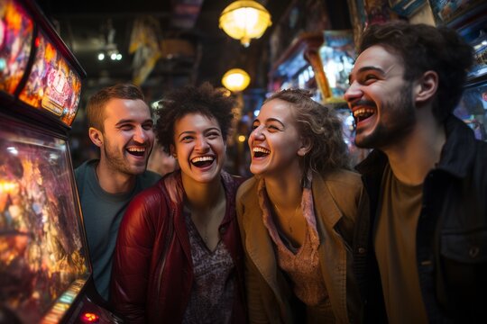 Group of friends gathered around an old-school arcade game, competing for high scores, Generative AI