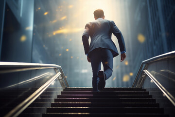 Young successful male businessman in a suit climbs up the stairs to success