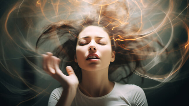 A blurred photograph captures a woman experiencing vertigo, dizziness, or a brain or inner ear health issue..