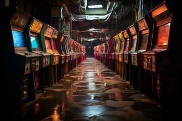 Vintage arcade filled with classic video games and colorful graphics, Generative AI 