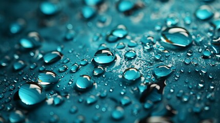 Close-up of Dew Drops on Blue Surface with Selective Focus - obrazy, fototapety, plakaty
