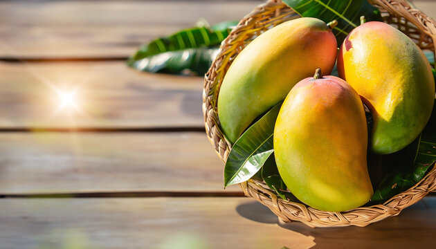 Ripe mango fruit in the basket with leaves on a wooden table