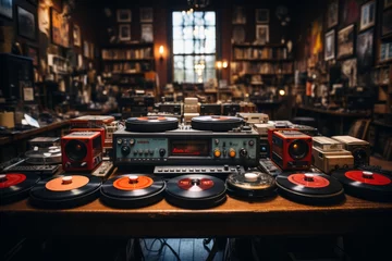 Crédence de cuisine en verre imprimé Magasin de musique Vintage record store with rows of vinyl records and cassette tapes, Generative AI