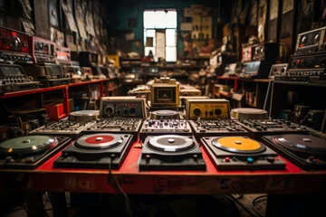 Fototapete Musikladen Vintage record store with rows of vinyl records and cassette tapes, Generative AI