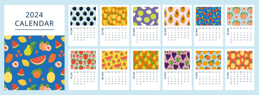 2024 Calendar template with vertical pages design fruit, berries pattern. Weeks starts on Sunday. Wall, desk, screen, planner on year. Vector illustration
