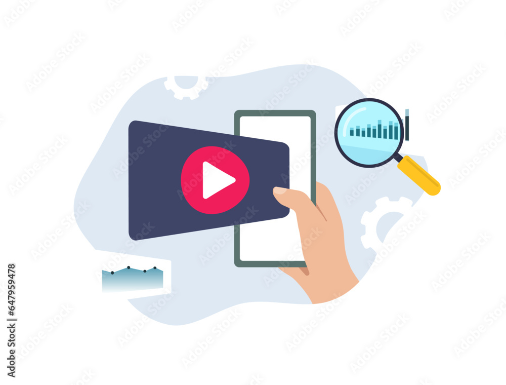 Poster video content analysis concept. digital video marketing analytics and statistics. vector illustratio