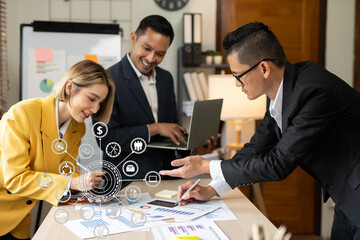 Group of Asian businessmen met, gave presentations, talked and exchanged knowledge at the office.