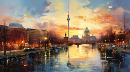 oil painting on canvas, Museum island on Spree river and Alexanderplatz TV tower in center of Berlin, Germany. (ai generated)