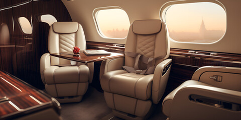 interior of a passenger train, empty interior on plane with champagne for trip