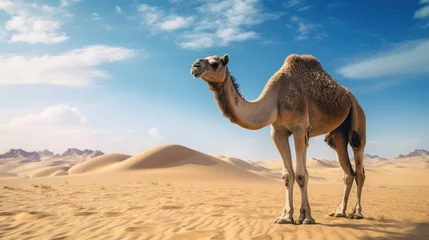 Fotobehang Camel in the Desert with Blue Sky Animal Landscape © Galih