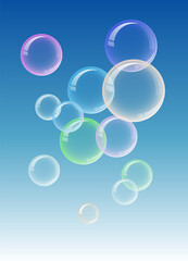 Soap bubbles with reflection. Vector illustration of free falling soap bubbles on a blue background. Template for creativity.