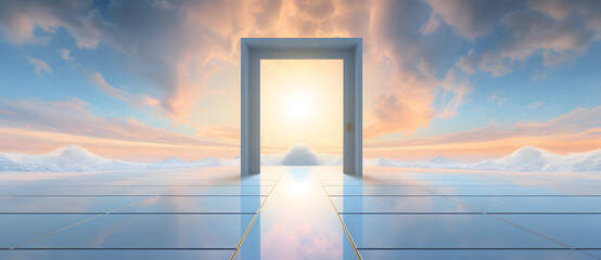 a doorway leading to a light in the sky