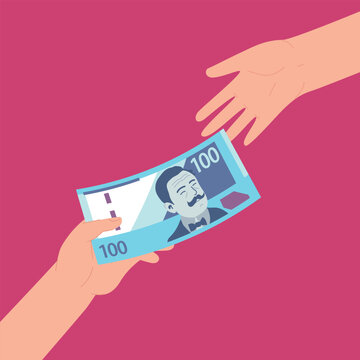 Mano Dando 100 Soles a Otra Mano. Dar Dinero. Pagar Dinero a un Amigo, Deuda y Pr&eacute;stamo, Pago de Incentivos o Bonificaciones, Concepto de Cr&eacute;dito o Pr&eacute;stamo.